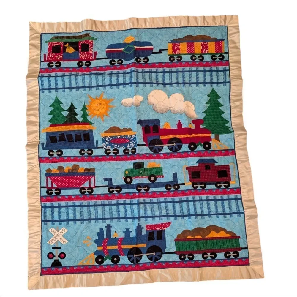 Vintage homespun train print kids quilt‎
